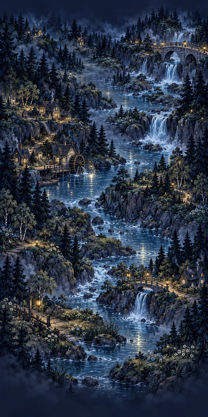 Lantern-lit paths, stone bridges, and a river in Lanternwood Reach